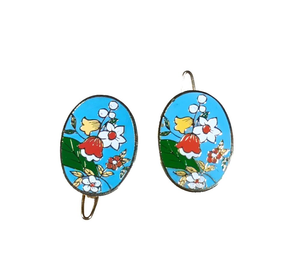 Small Matching Hair Barrettes Blue Floral Enamel Made In Hawaii Party Fan Spring